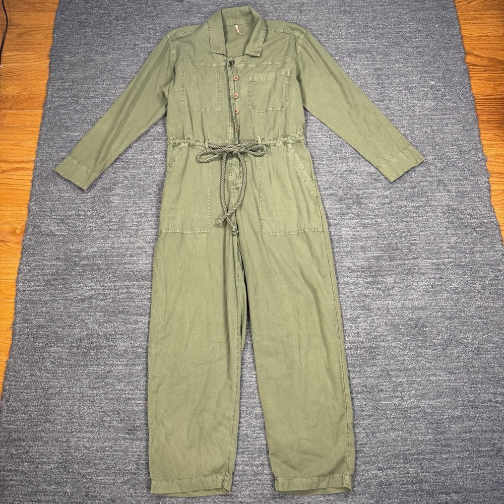 Free People Quinn Constructed Coveralls Jumpsuit Women Medium Green Linen Blend